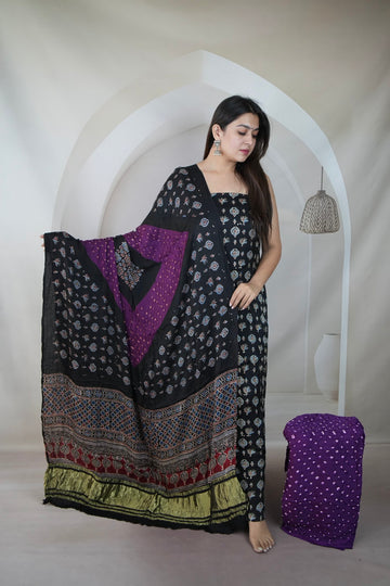 Black & Magenta Ajarakh Bandhani Modal Silk Suit Material