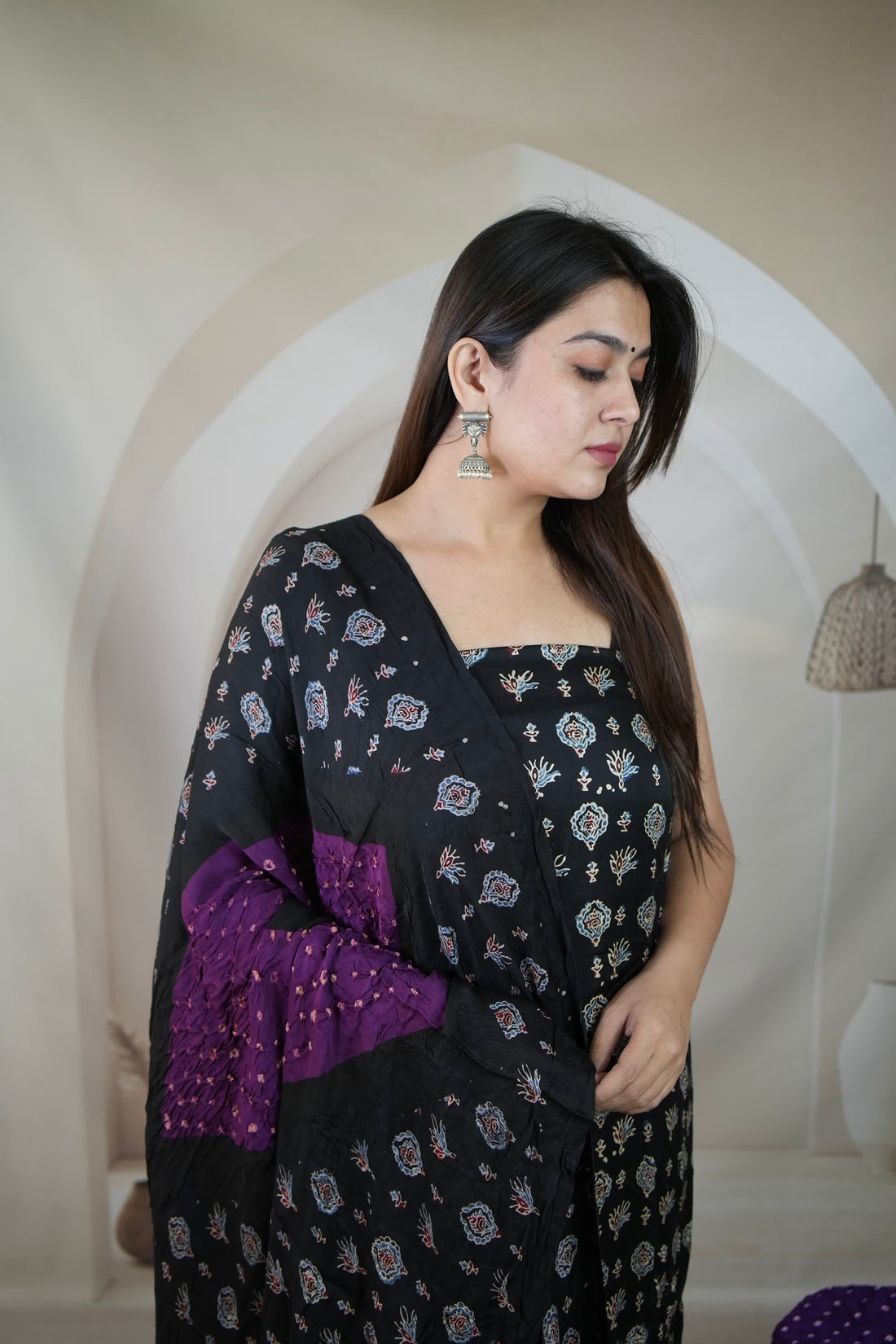 Black & Magenta Ajarakh Bandhani Modal Silk Suit Material