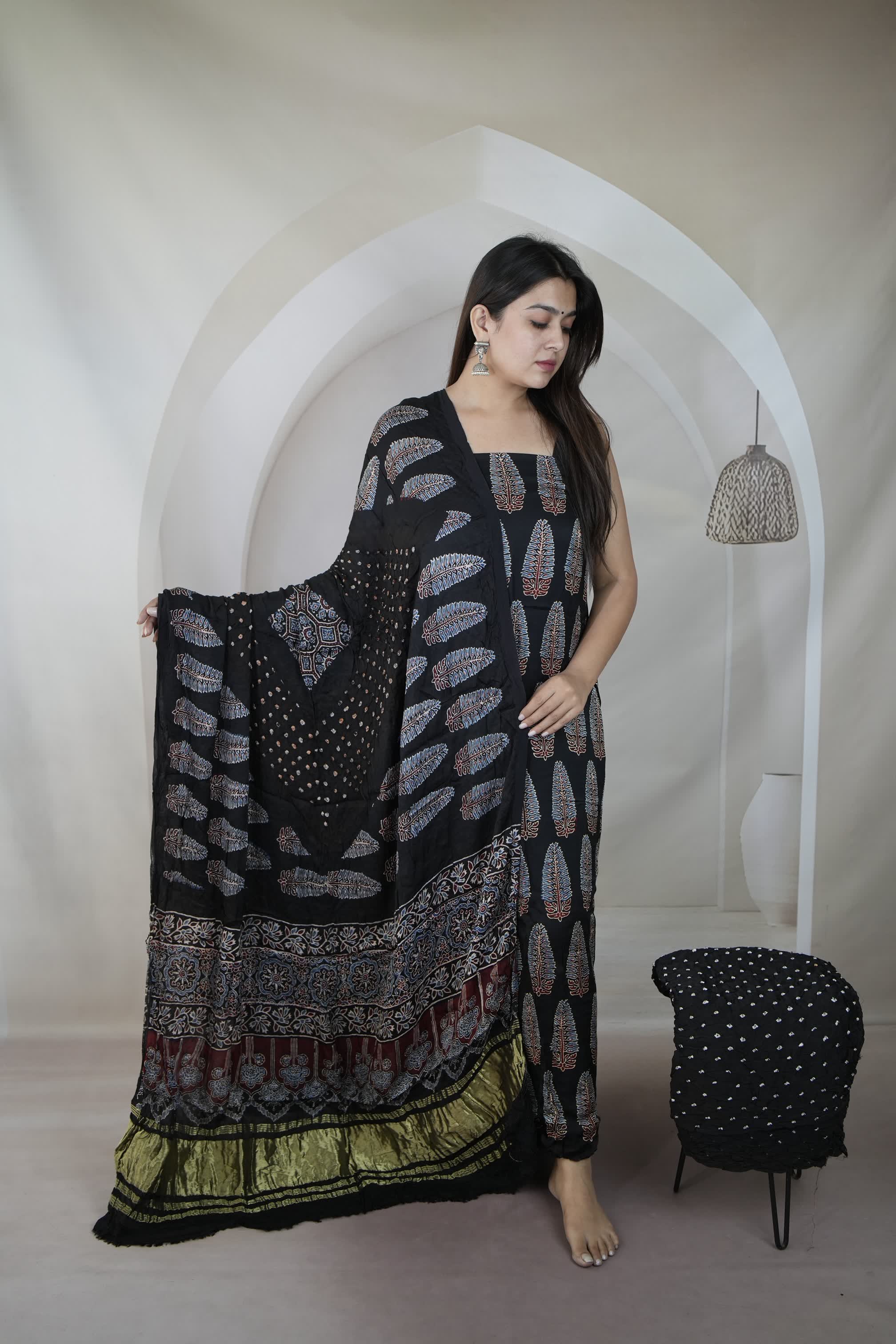 Black & Black Ajarakh Bandhani Modal Silk Suit Material