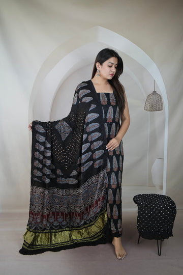 Black & Black Ajarakh Bandhani Modal Silk Suit Material