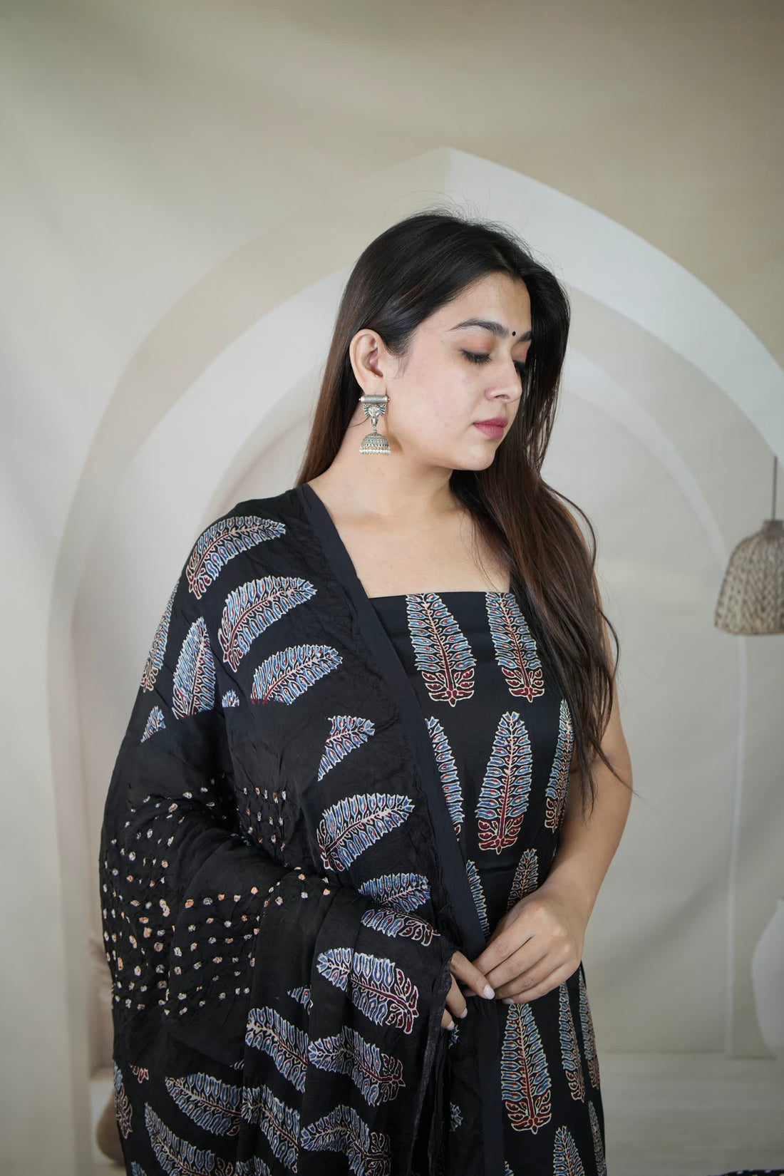 Black & Black Ajarakh Bandhani Modal Silk Suit Material