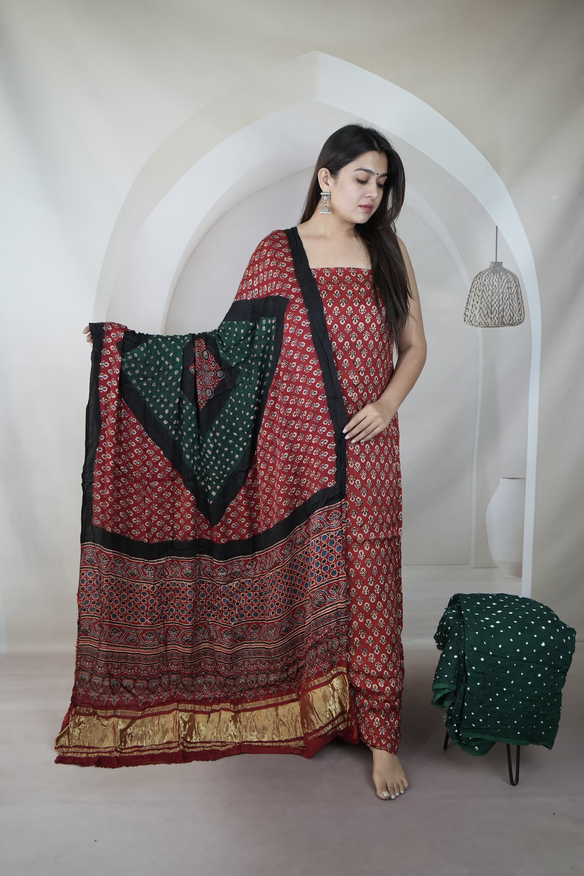 Maroon & Green Ajarakh Bandhani Modal Silk Suit Material
