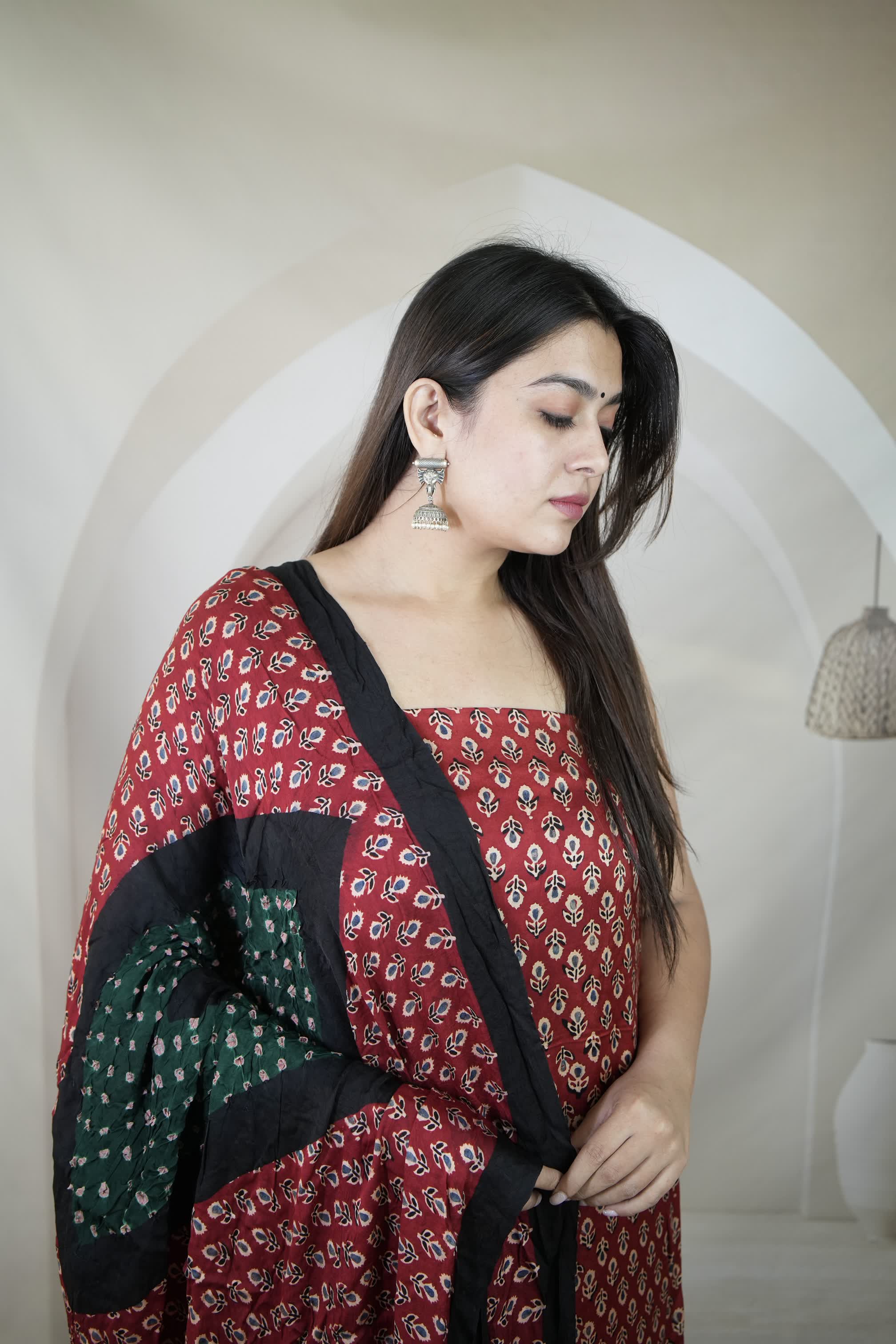 Maroon & Green Ajarakh Bandhani Modal Silk Suit Material