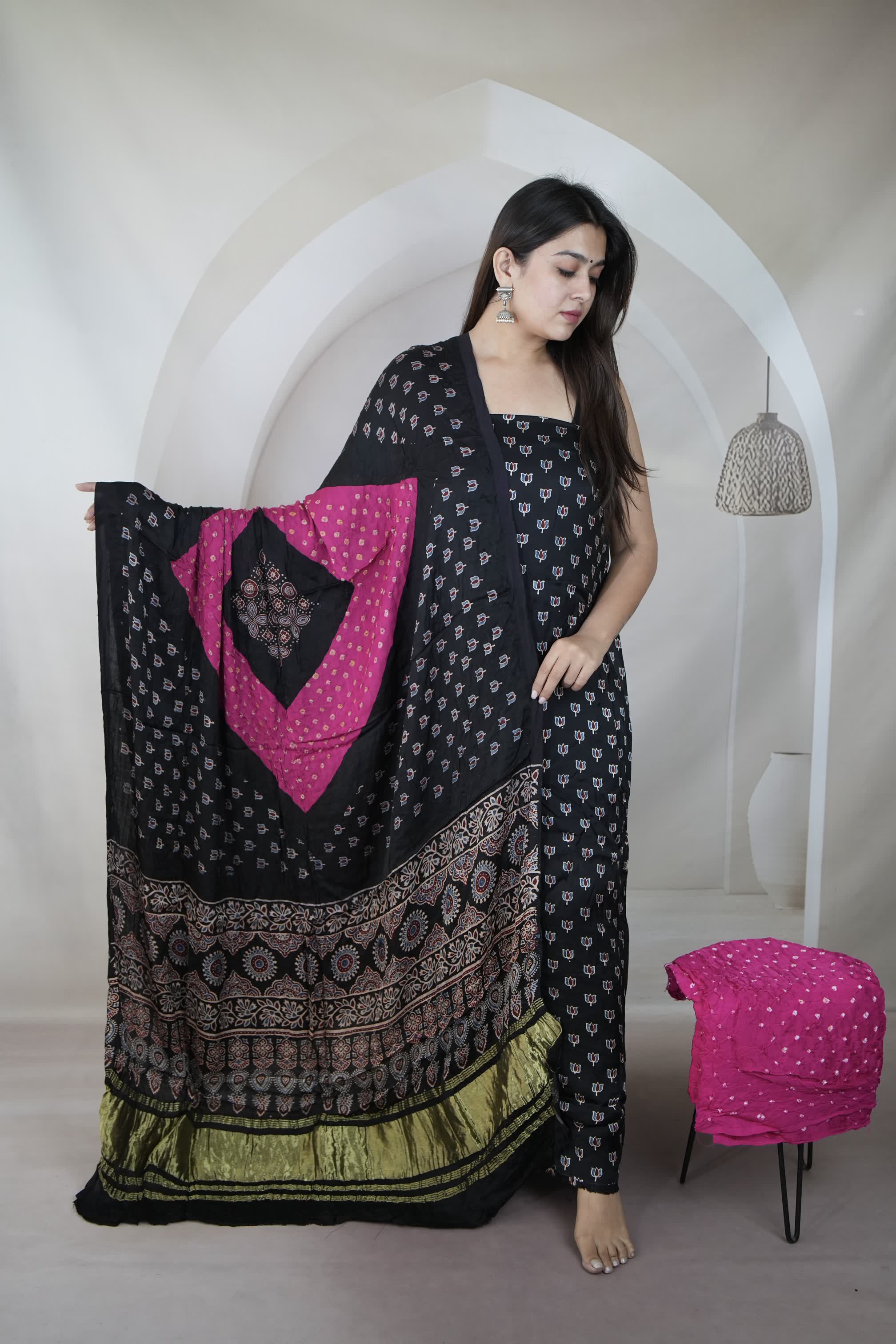 Black & Pink Ajarakh Bandhani Modal Silk Suit Material