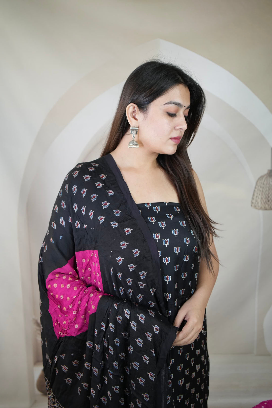 Black & Pink Ajarakh Bandhani Modal Silk Suit Material