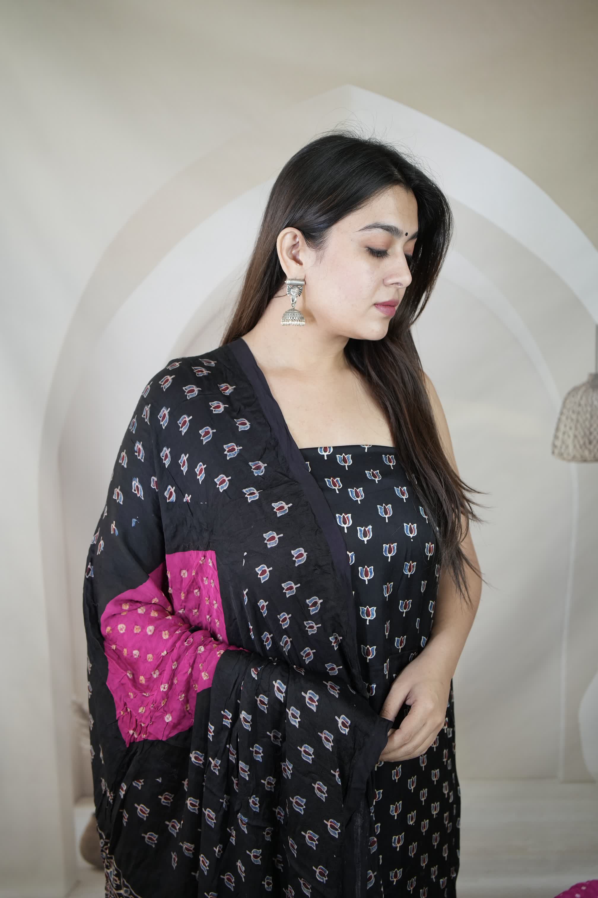 Black & Pink Ajarakh Bandhani Modal Silk Suit Material