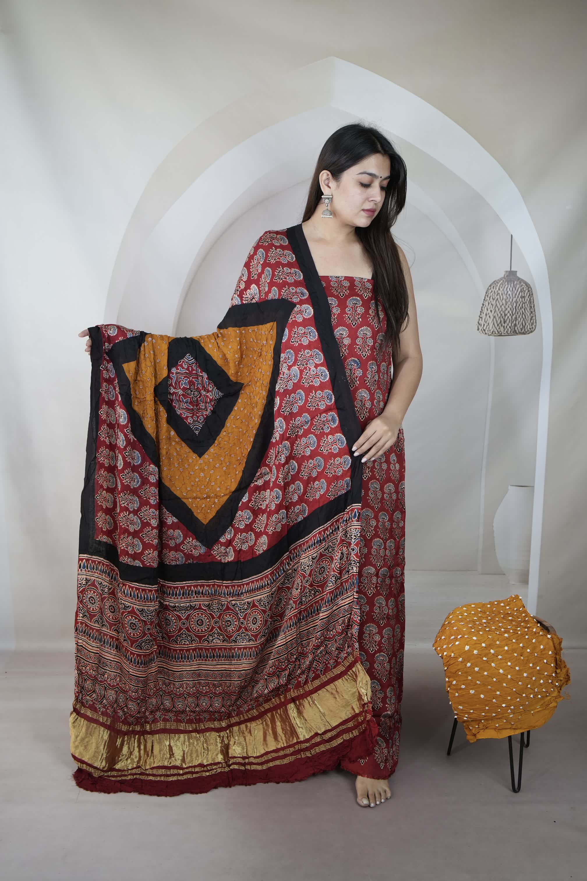 Maroon & Mustard Ajarakh Bandhani Modal Silk Suit Material