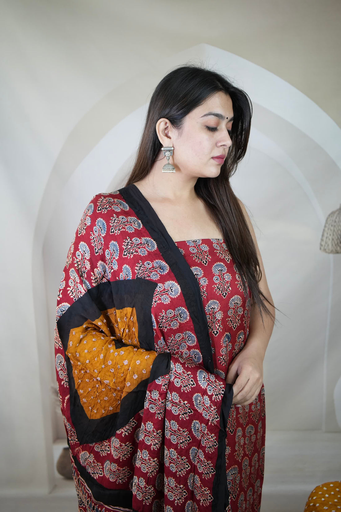 Maroon & Mustard Ajarakh Bandhani Modal Silk Suit Material