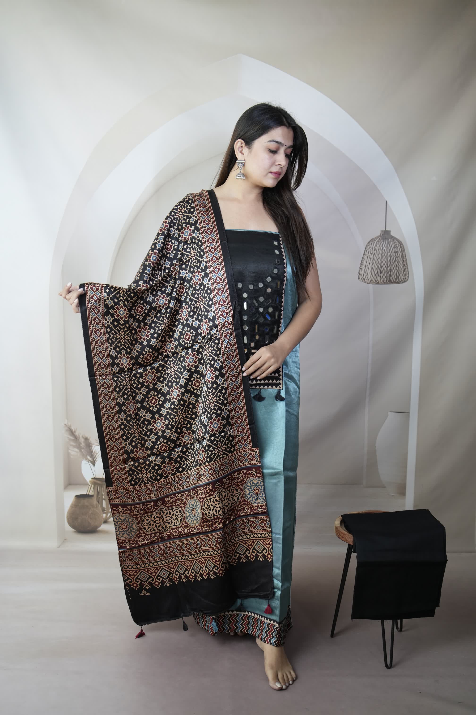 Light Blue Mashroo Mirror Yock Suit Material