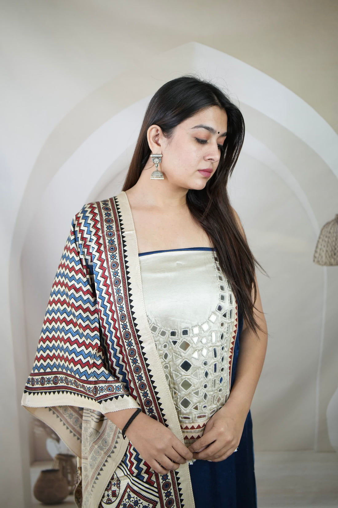 Indigo Blue Mashroo Mirror Yock Suit Material