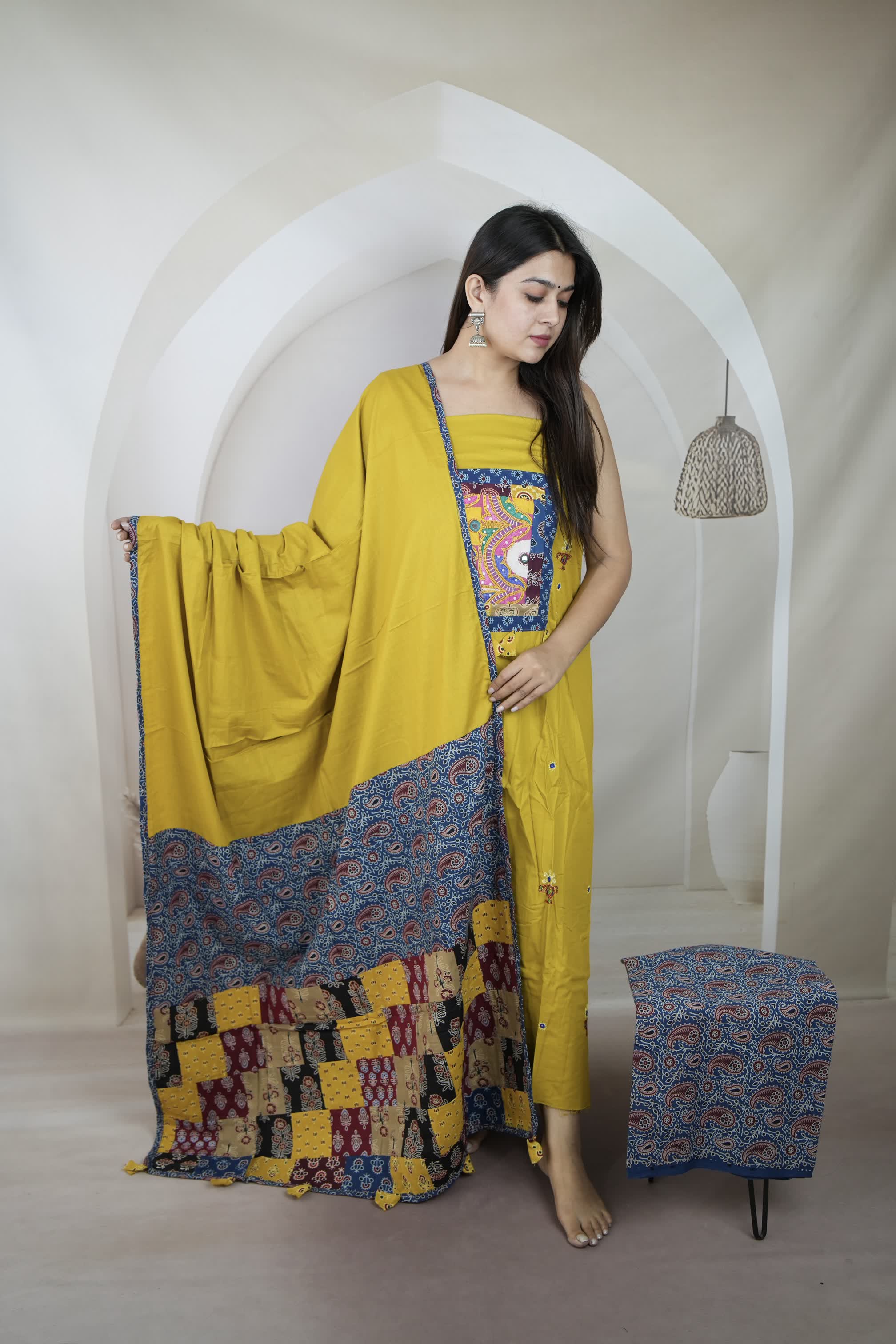 Mustard Ajarakh Antique Patchwork Cotton Suit Material