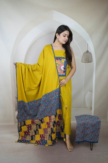 Mustard Ajarakh Antique Patchwork Cotton Suit Material