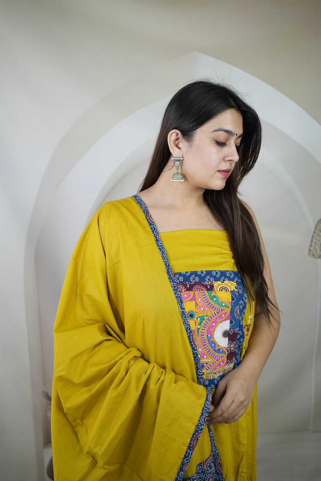 Mustard Ajarakh Antique Patchwork Cotton Suit Material