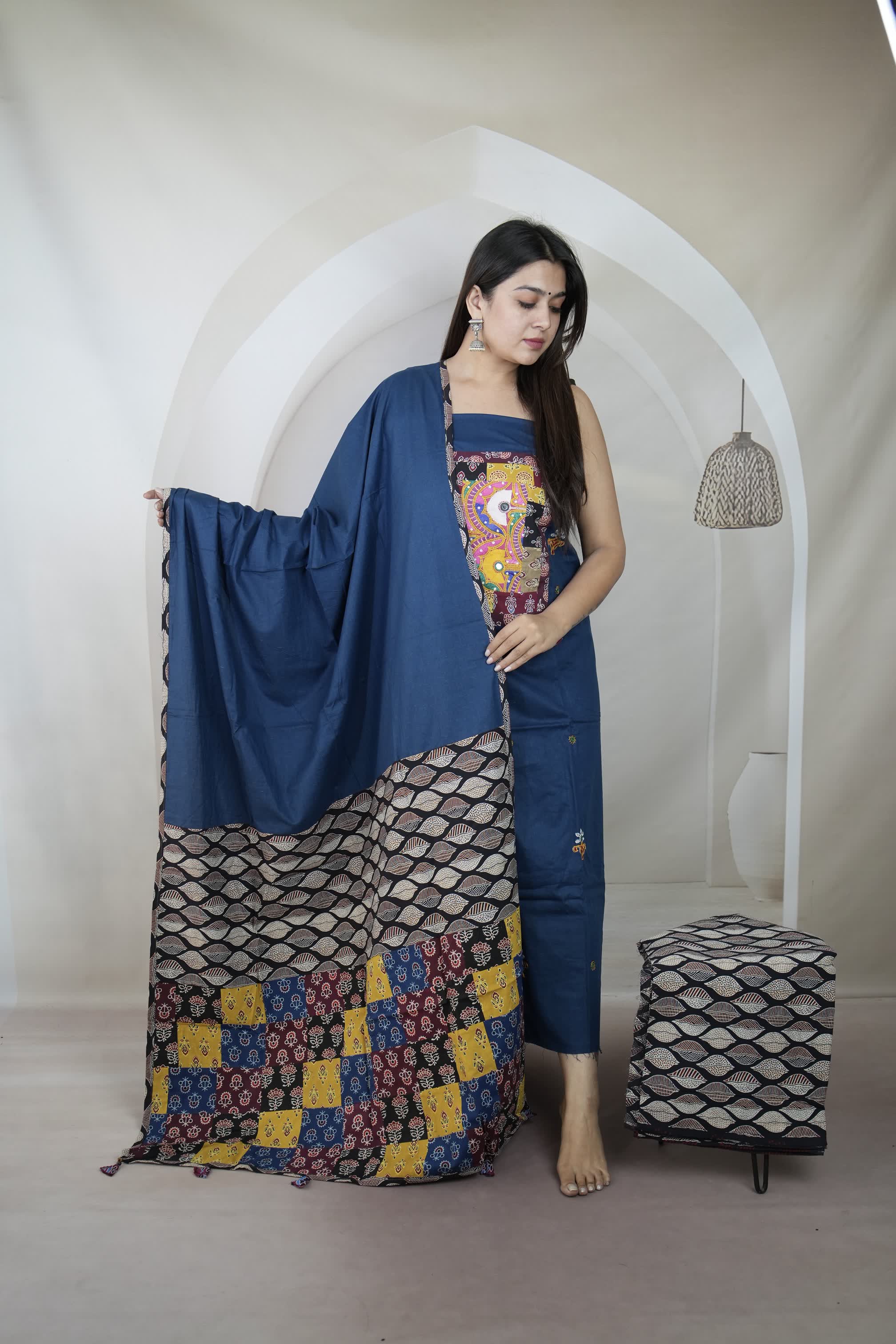 Blue Ajarakh Antique Patchwork Cotton Suit Material