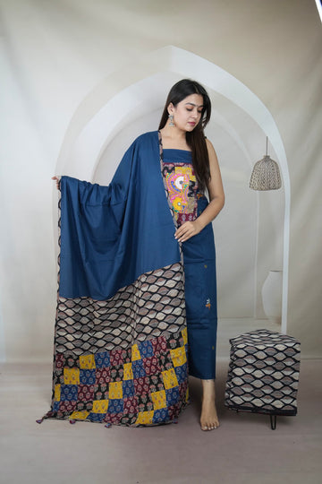 Blue Ajarakh Antique Patchwork Cotton Suit Material