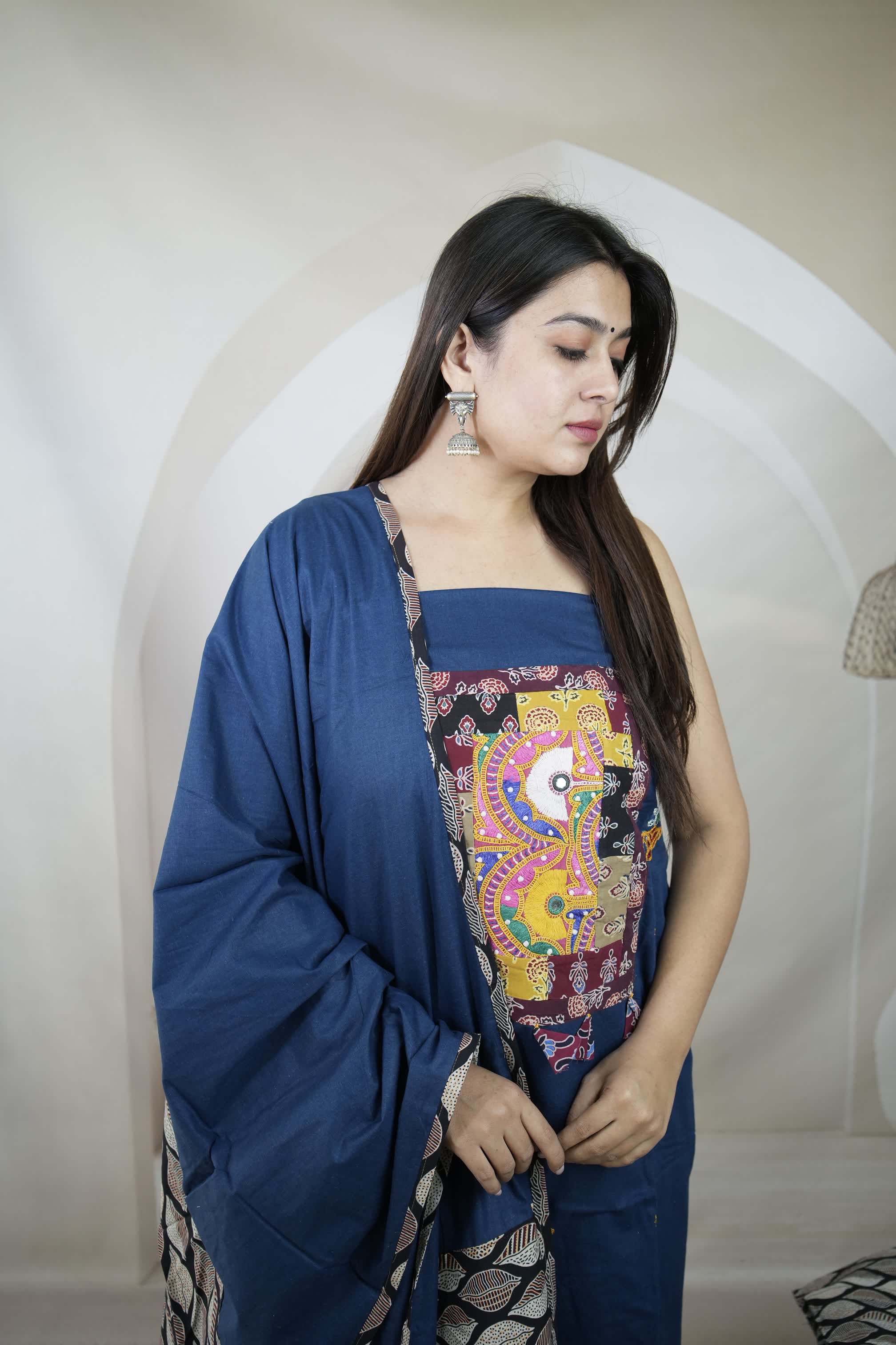 Blue Ajarakh Antique Patchwork Cotton Suit Material