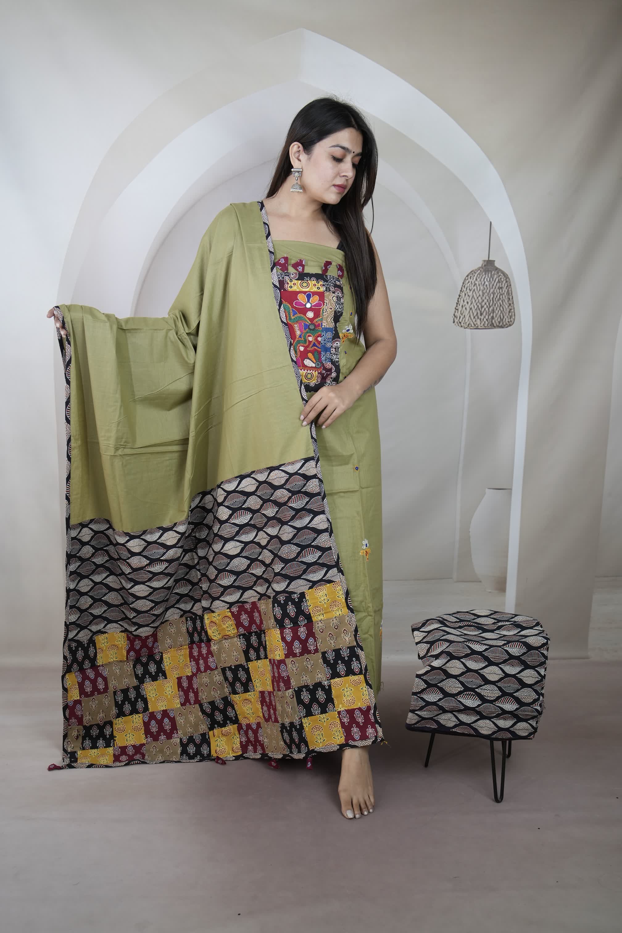 Beige Ajarakh Antique Patchwork Cotton Suit Material