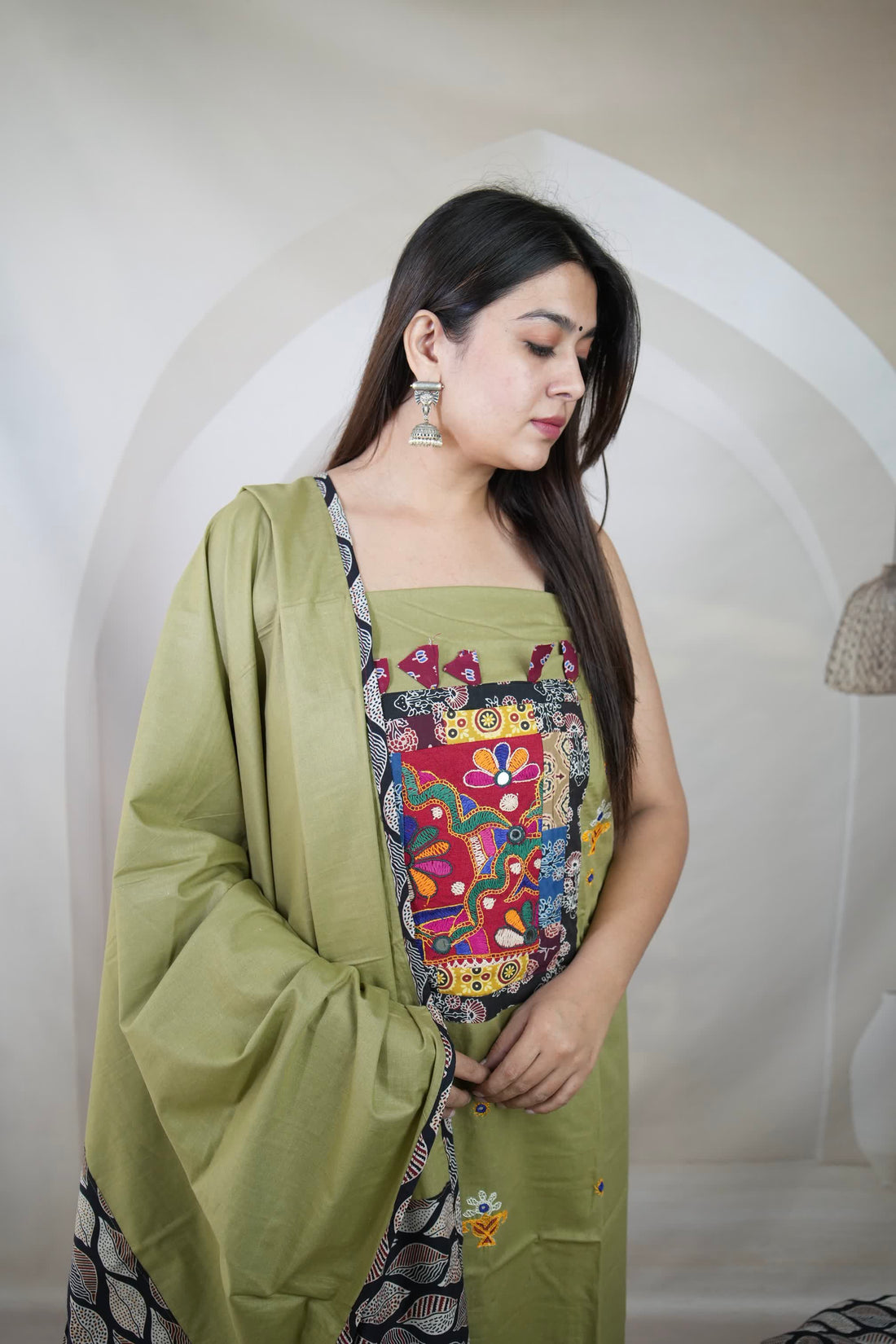 Beige Ajarakh Antique Patchwork Cotton Suit Material