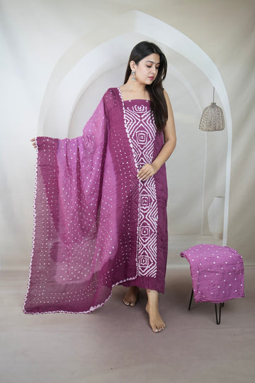 Purple Panel Bandhani Cotton Satin Suit Material