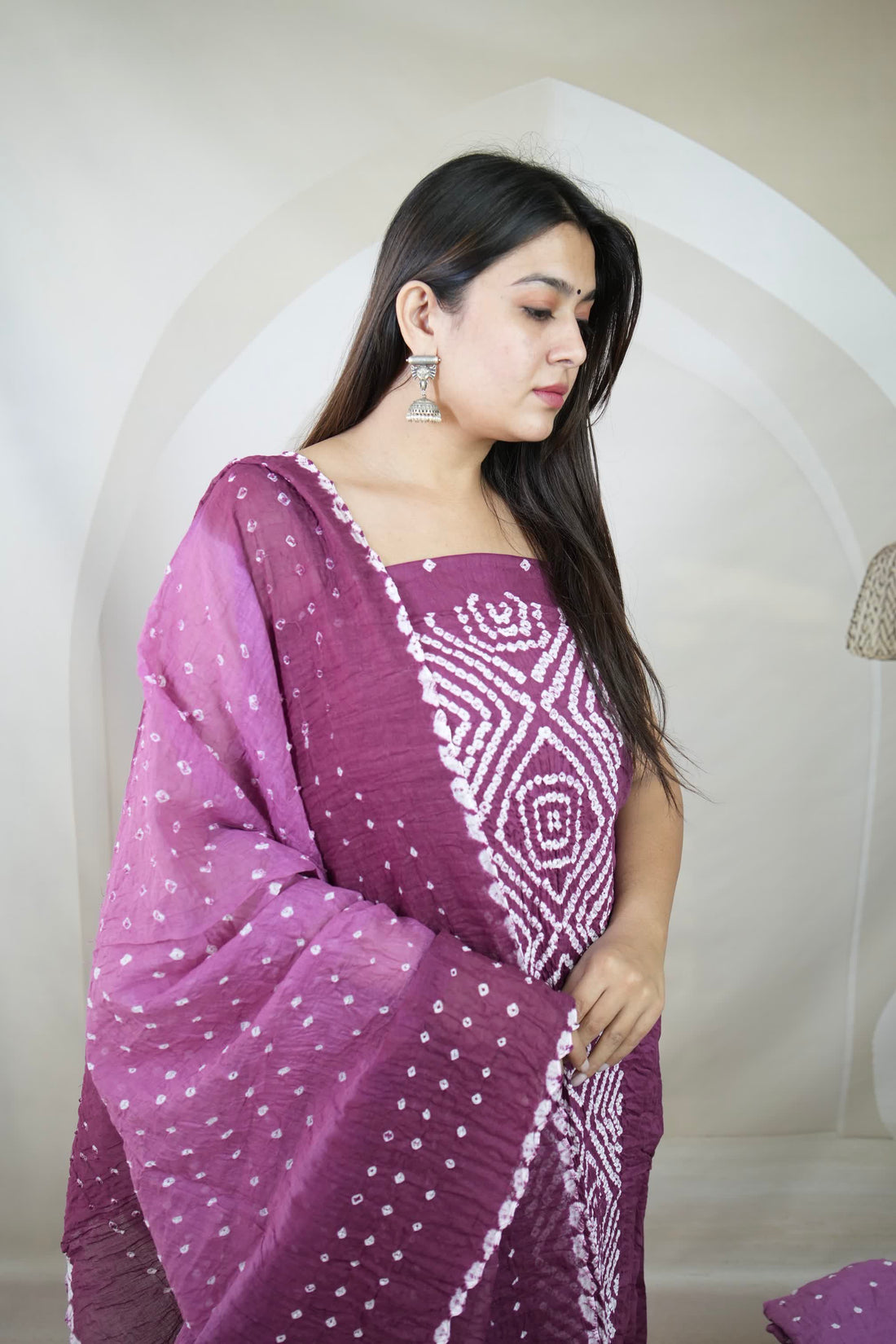 Purple Panel Bandhani Cotton Satin Suit Material