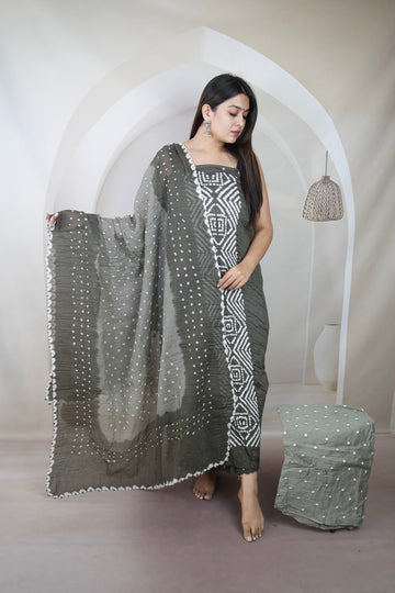 Grey Panel Bandhani Cotton Satin Suit Material