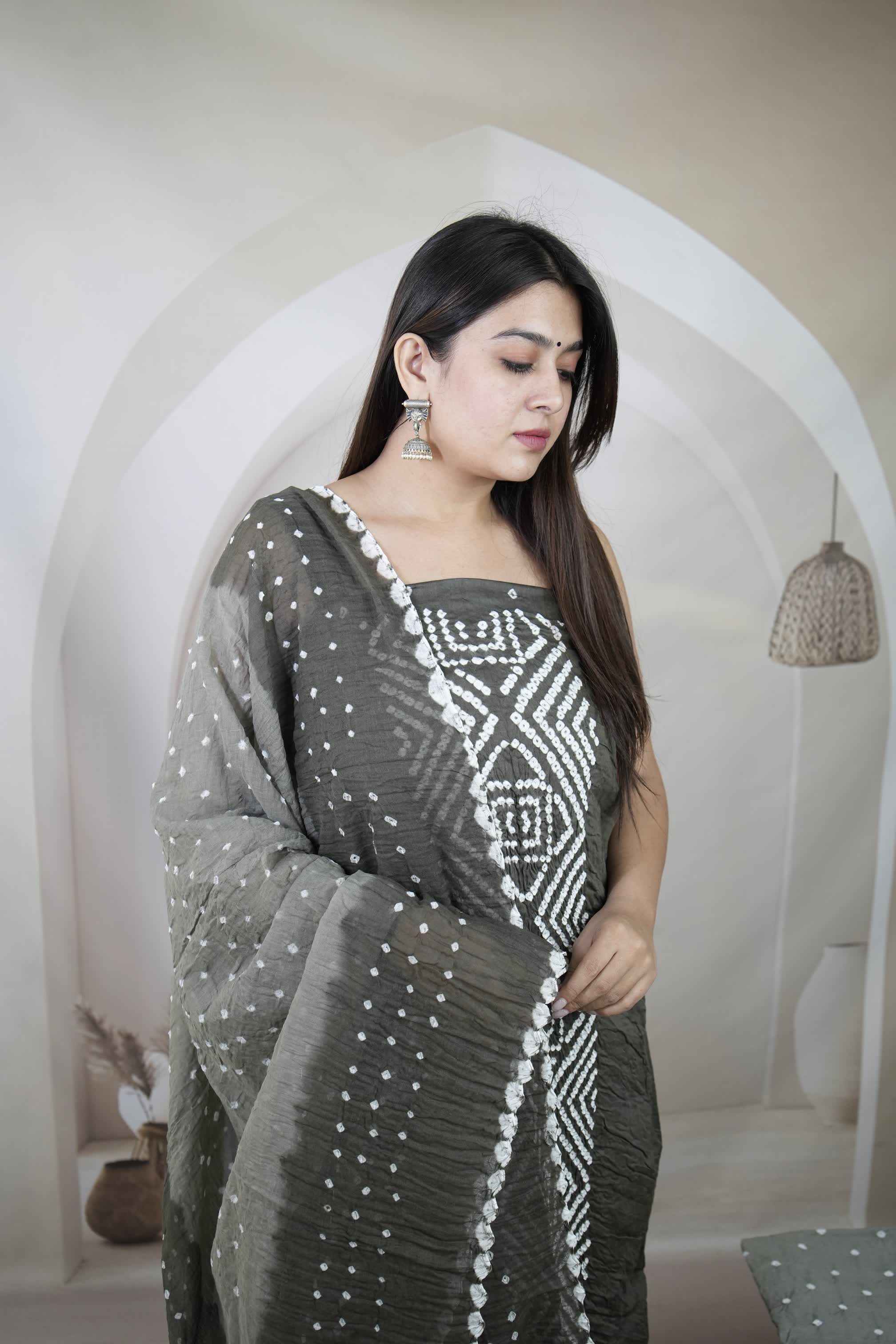 Grey Panel Bandhani Cotton Satin Suit Material