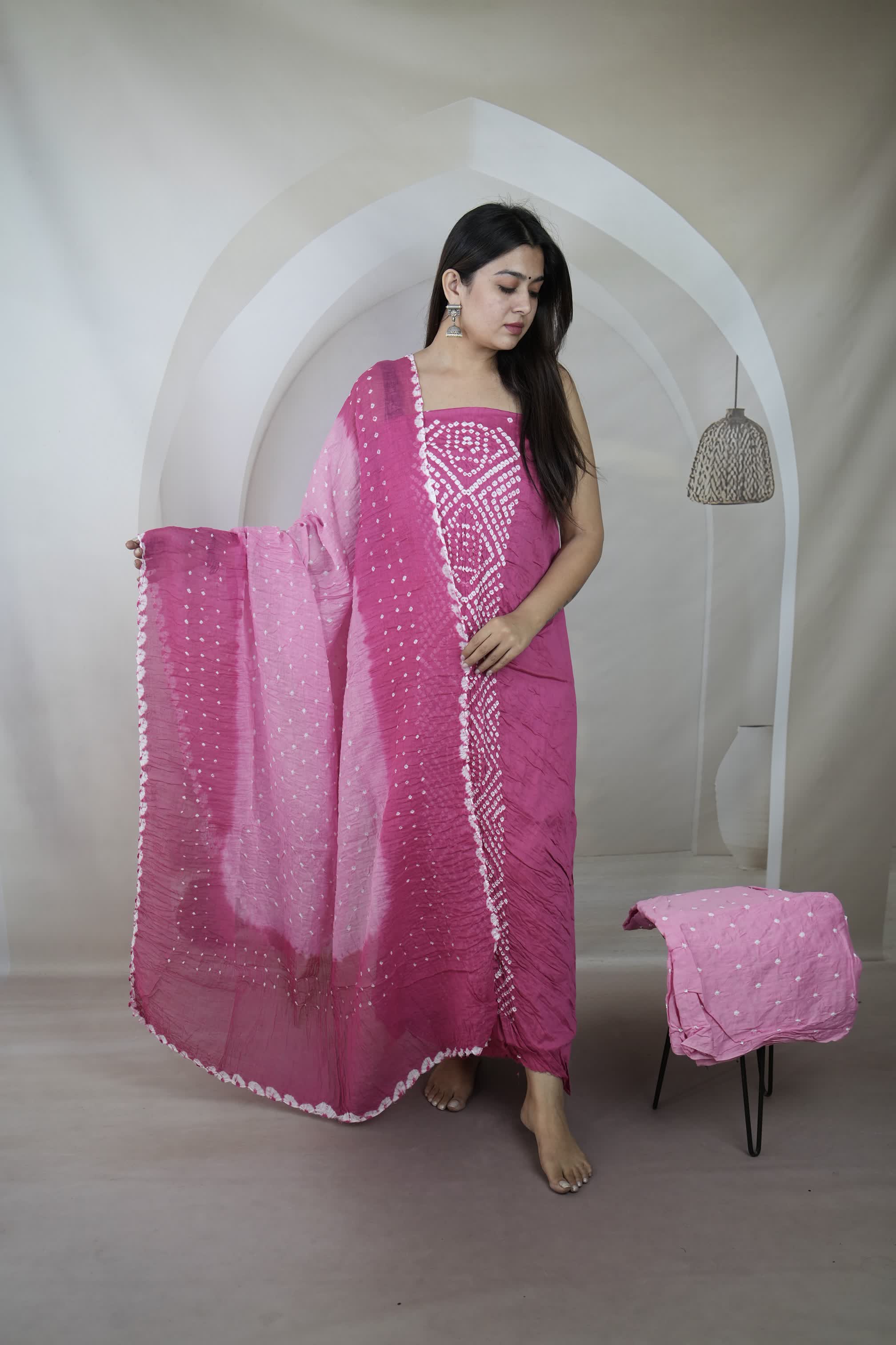 Pink Panel Bandhani Cotton Satin Suit Material