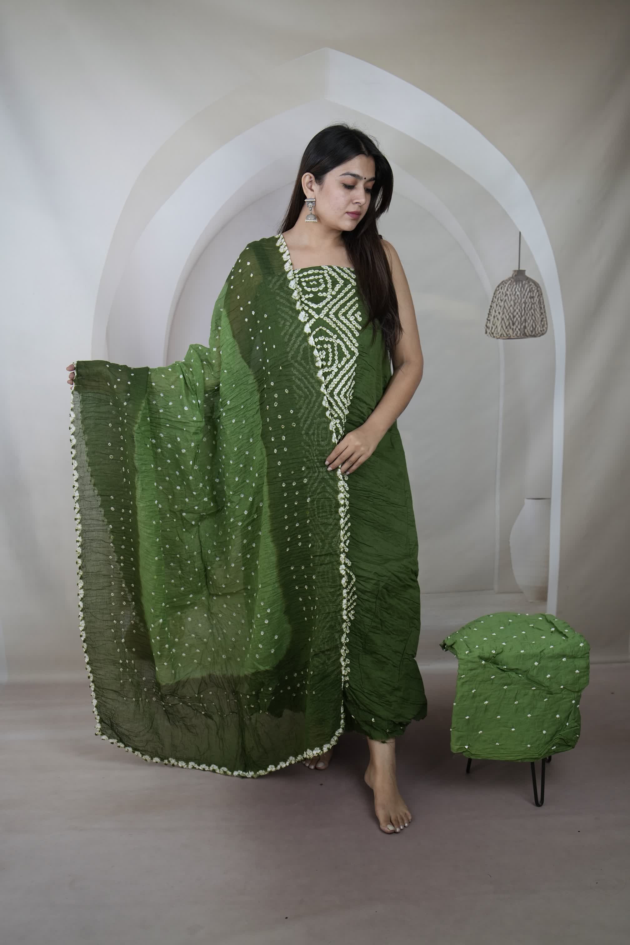 Green Panel Bandhani Cotton Satin Suit Material