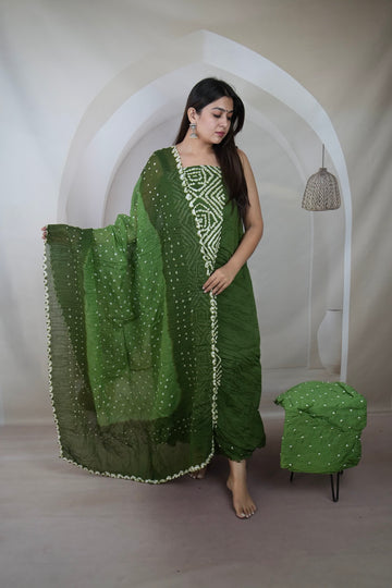 Green Panel Bandhani Cotton Satin Suit Material