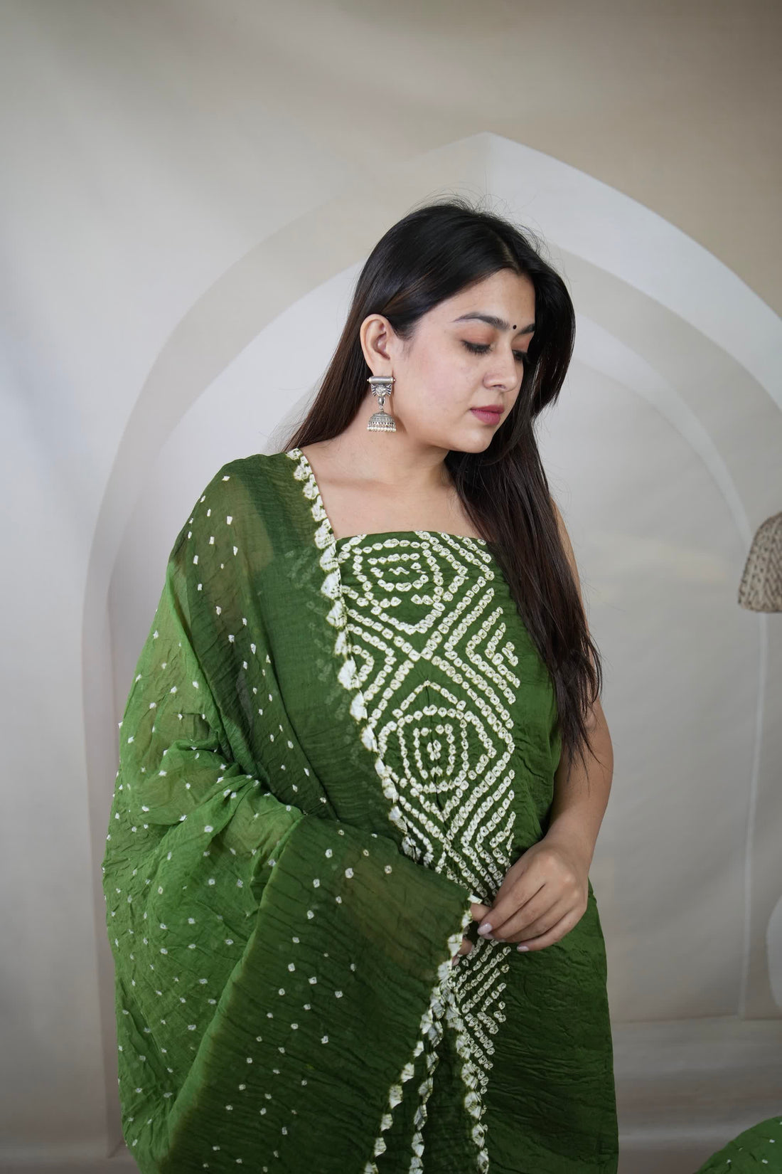 Green Panel Bandhani Cotton Satin Suit Material