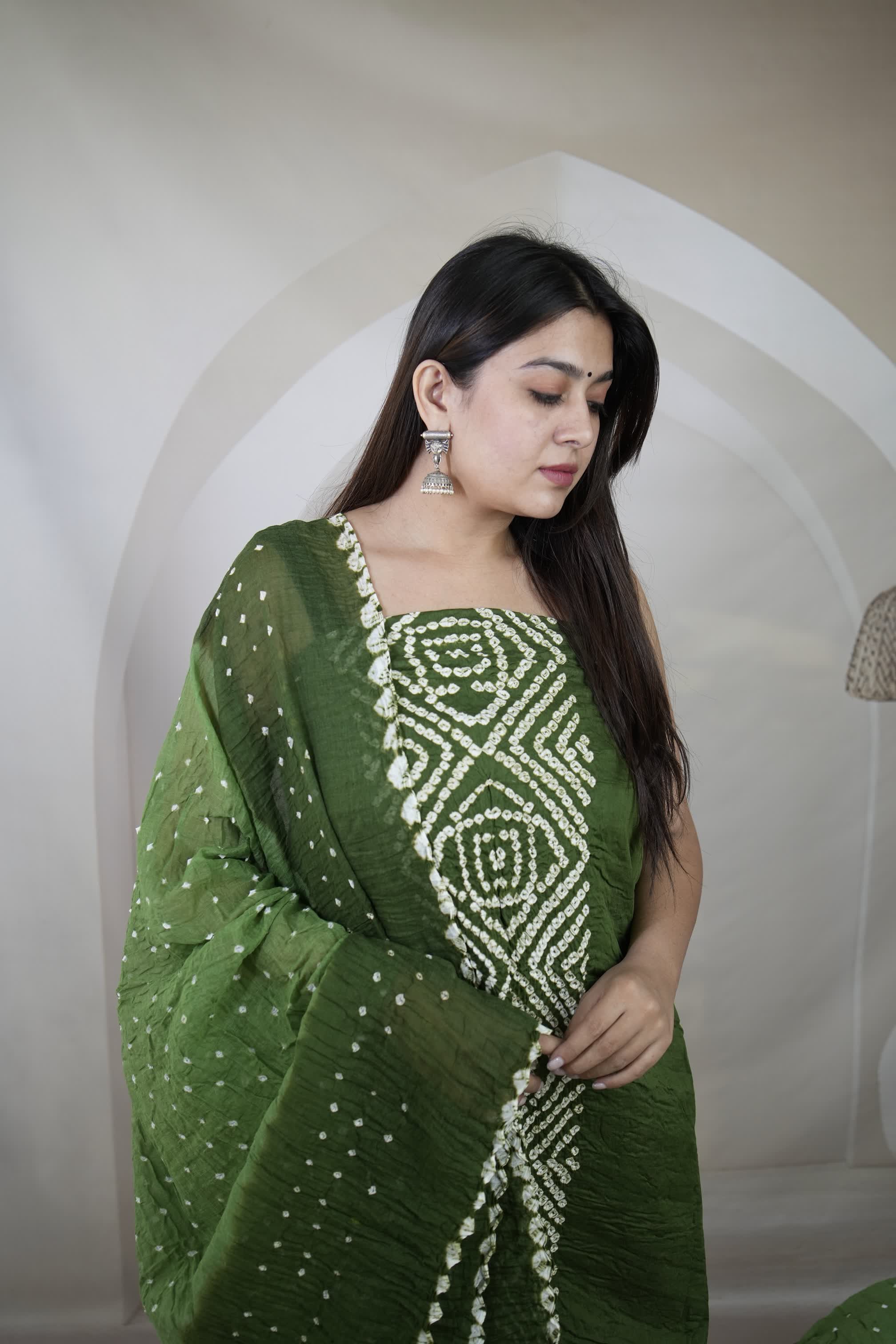 Green Panel Bandhani Cotton Satin Suit Material