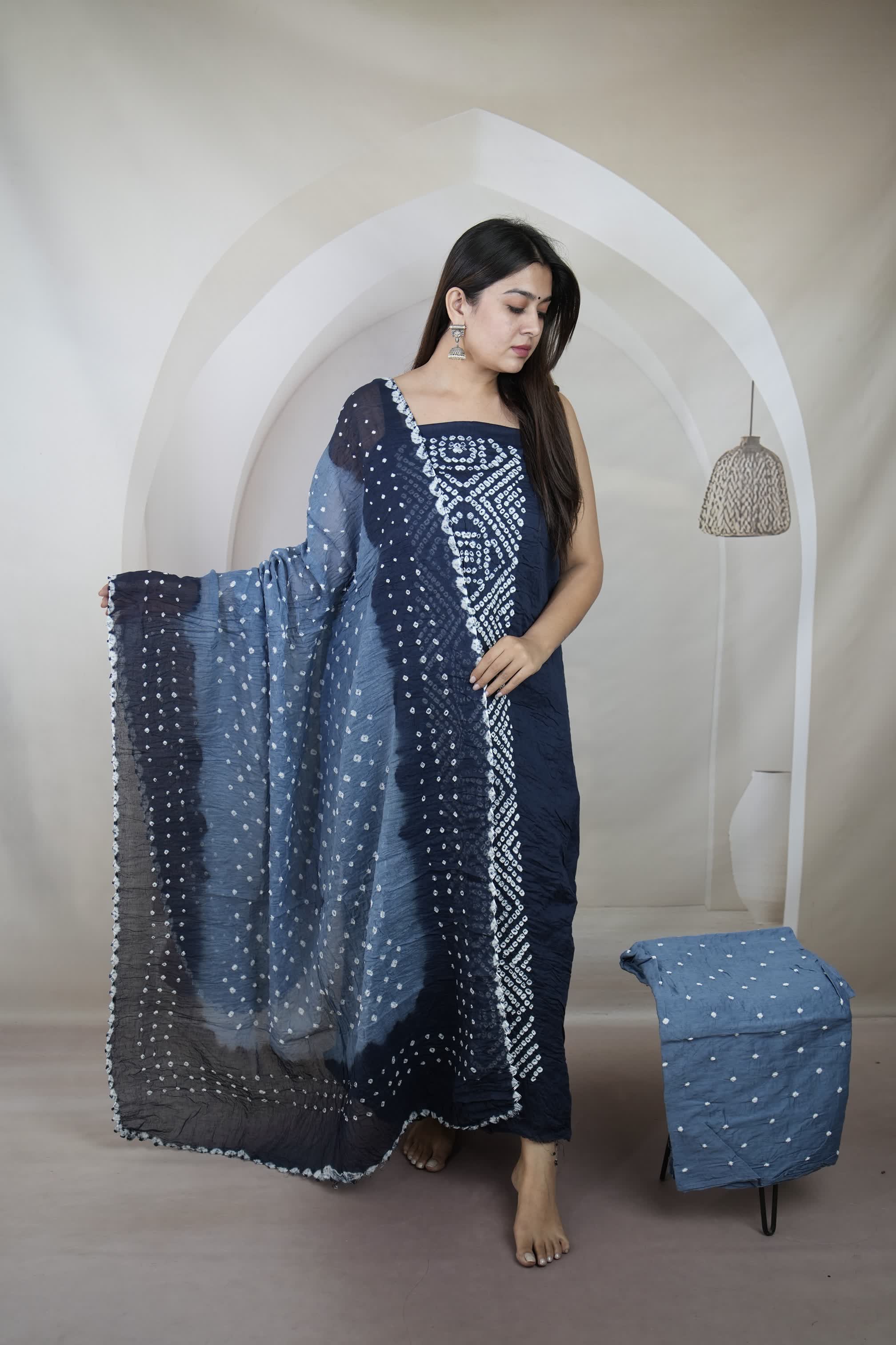 Blue Panel Bandhani Cotton Satin Suit Material