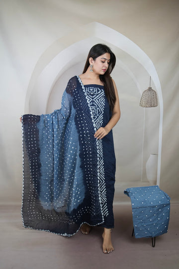 Blue Panel Bandhani Cotton Satin Suit Material