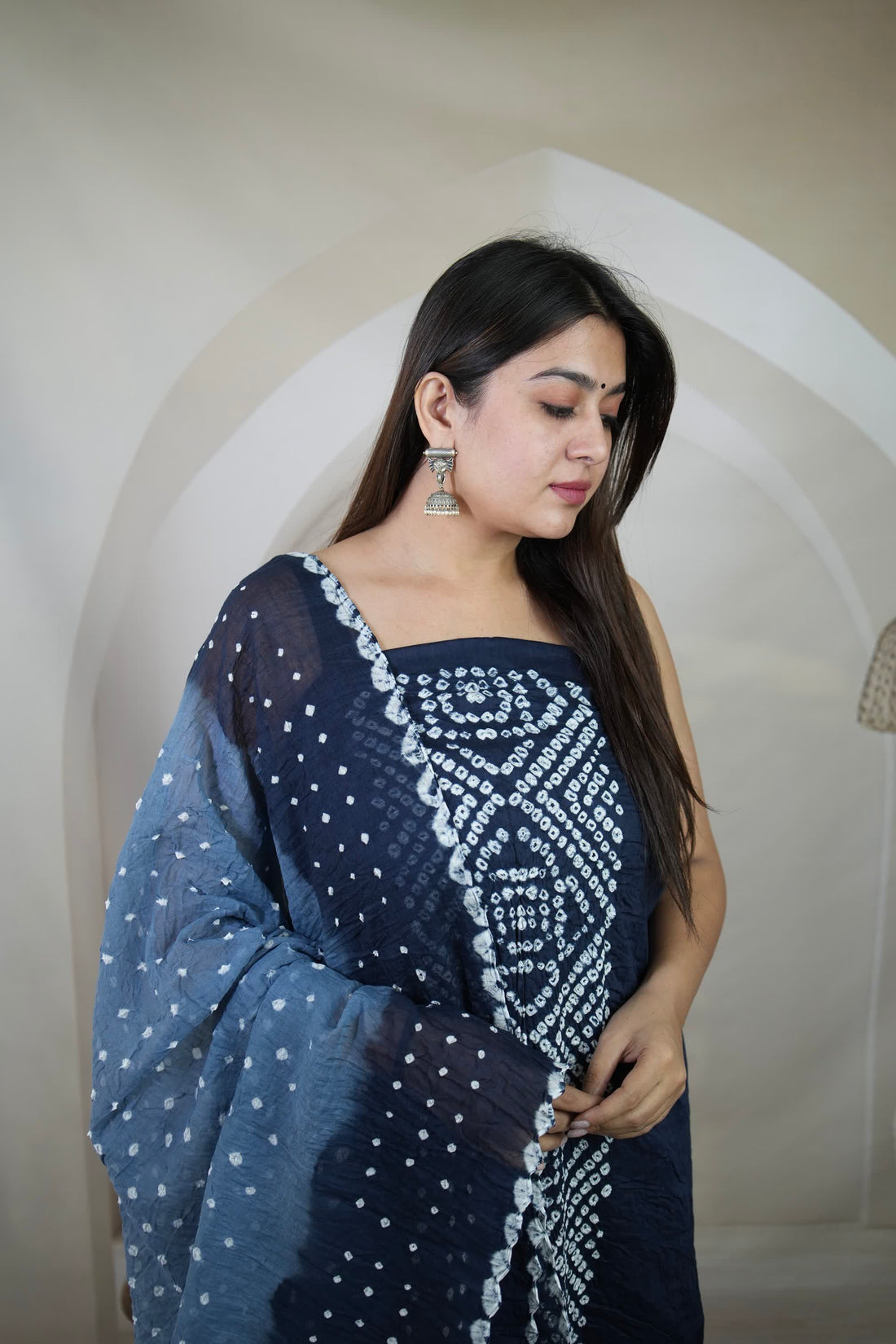 Blue Panel Bandhani Cotton Satin Suit Material