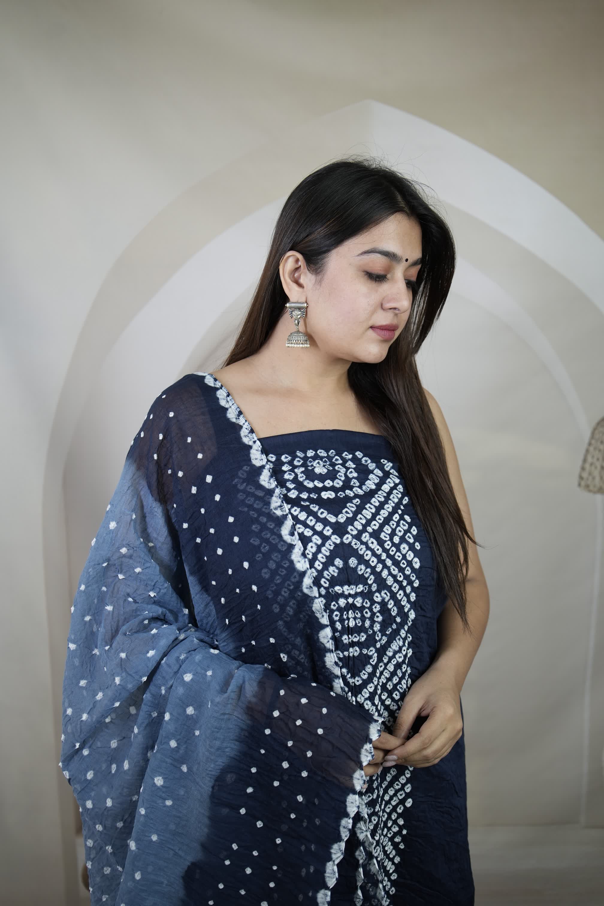 Blue Panel Bandhani Cotton Satin Suit Material