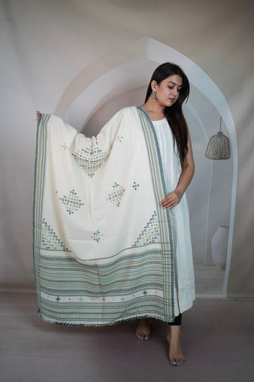 White & Pista Corner Buti Handwoven Woolen Shawl