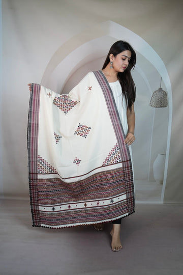White Corner Buti Handwoven Woolen Shawl