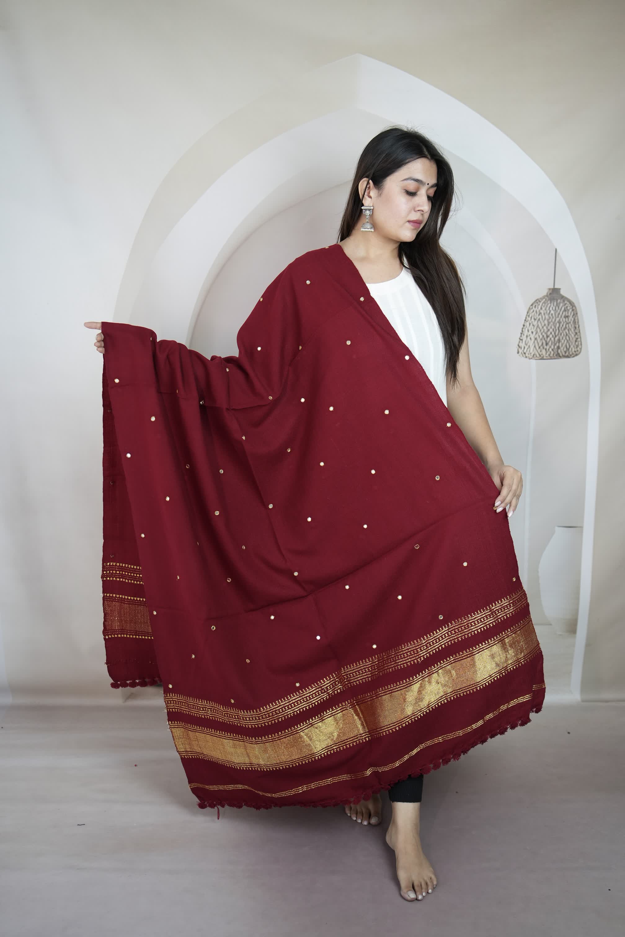 Maroon & Gold Jari Mirror Handwoven Bhujodi Woolen Shawl