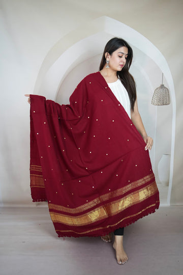 Maroon & Gold Jari Mirror Handwoven Bhujodi Woolen Shawl