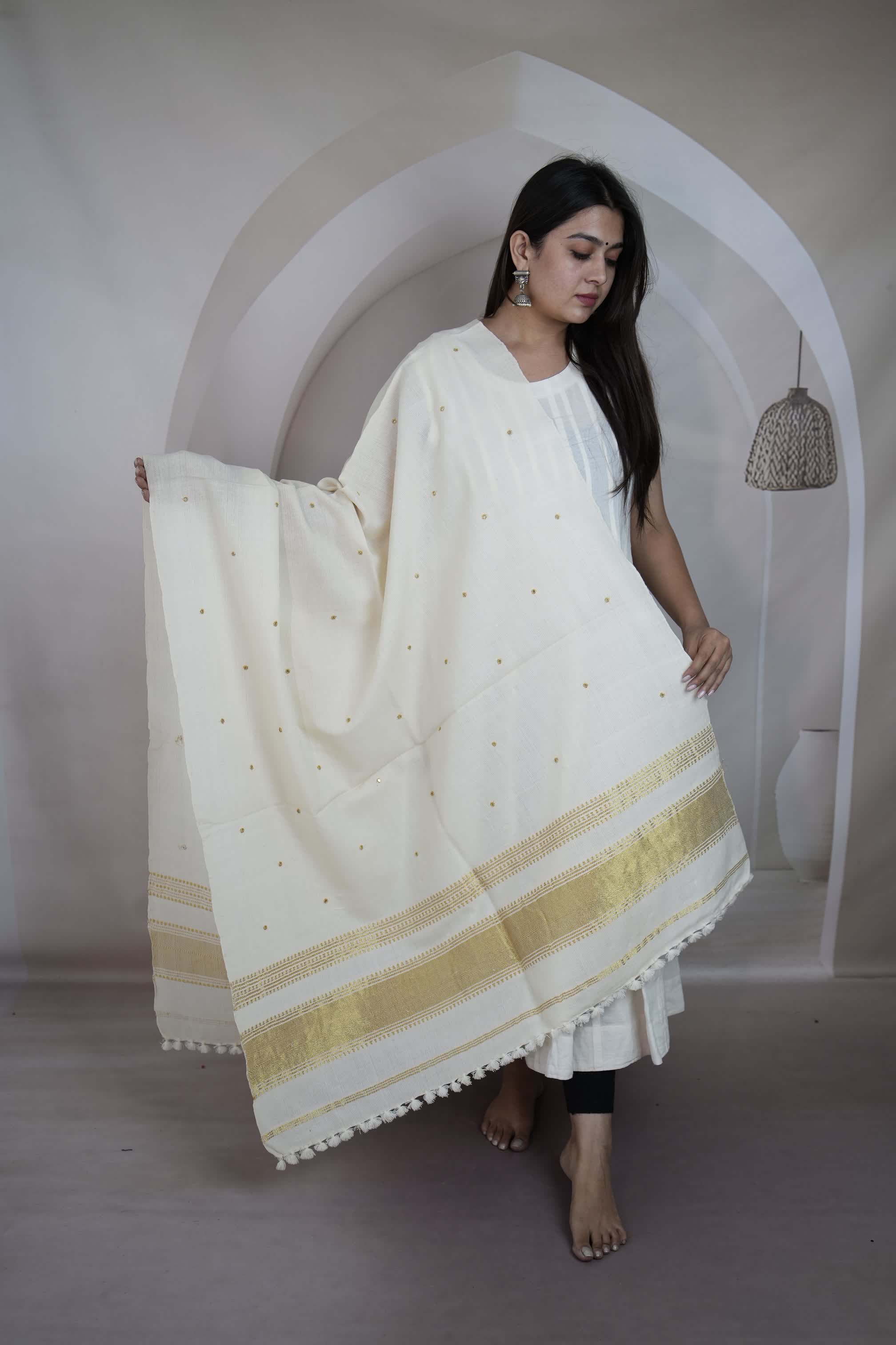 White & Gold Jari Mirror Handwoven Bhujodi Woolen Shawl