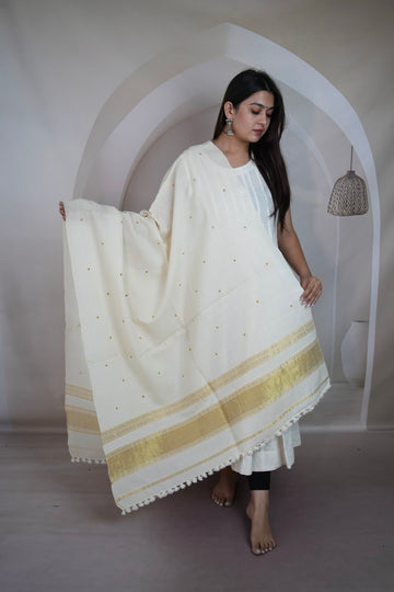 White & Gold Jari Mirror Handwoven Bhujodi Woolen Shawl