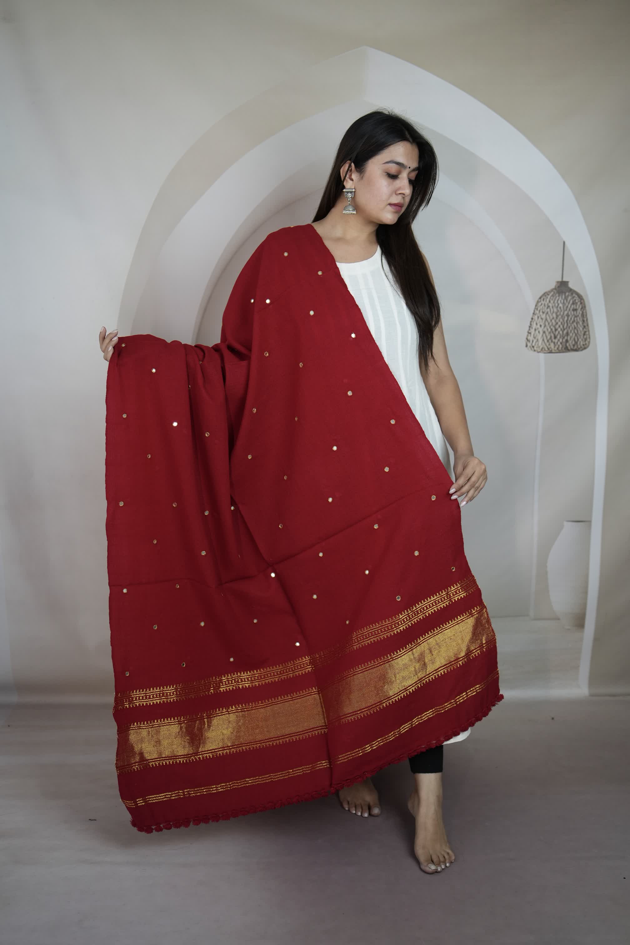 Red & Gold Jari Mirror Handwoven Bhujodi Woolen Shawl