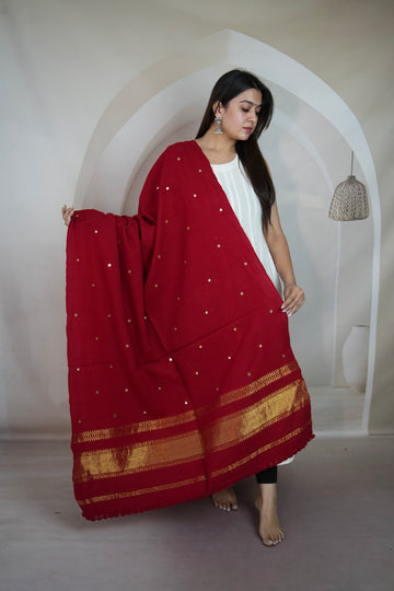 Red & Gold Jari Mirror Handwoven Bhujodi Woolen Shawl