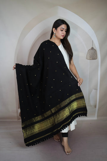 Black & Gold Jari Mirror Handwoven Bhujodi Woolen Shawl