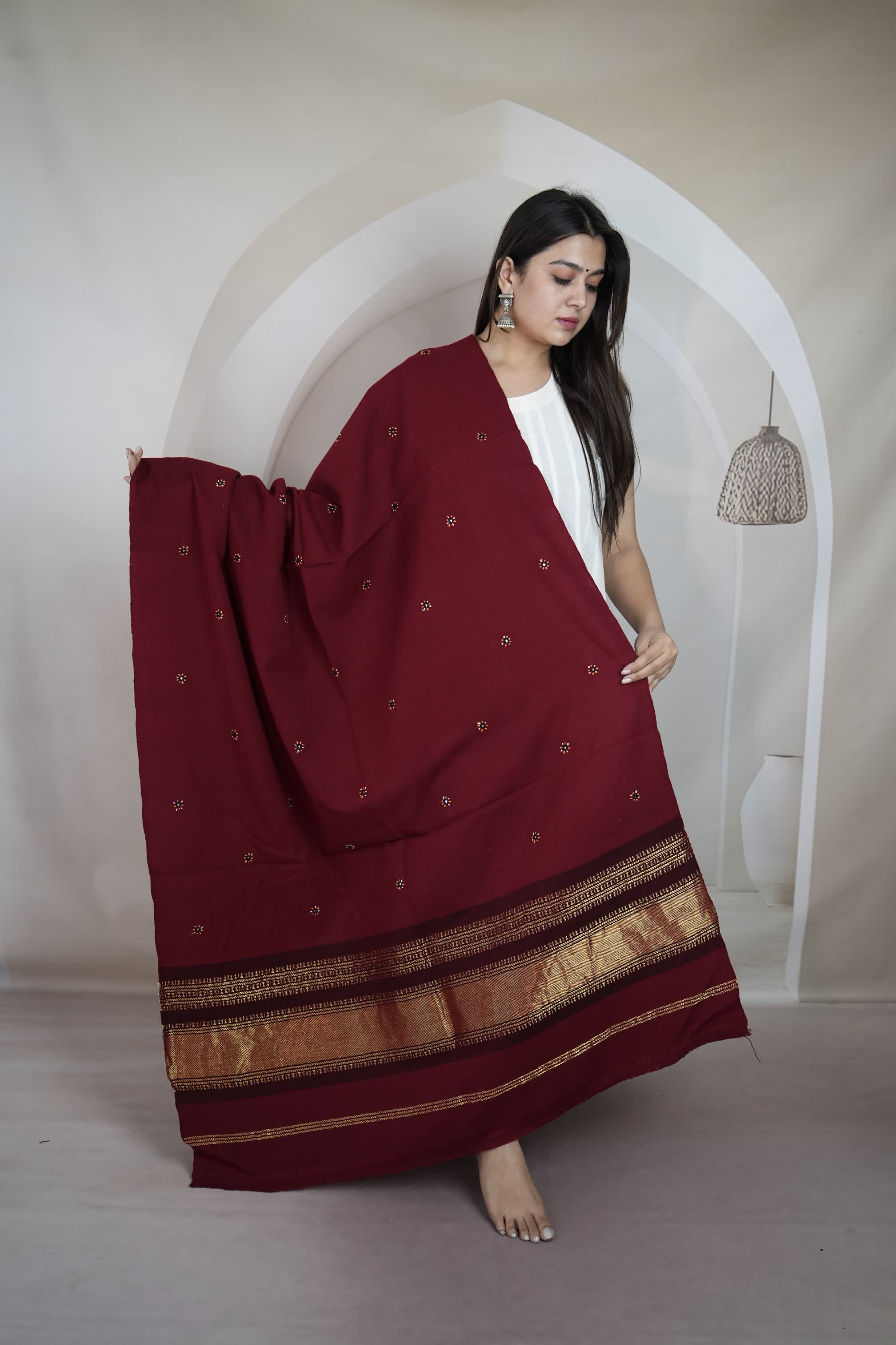 Maroon Jari Bhujodi Woolen Shawl