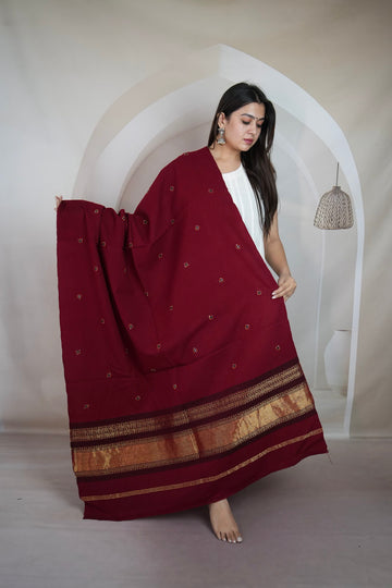 Maroon Jari Bhujodi Woolen Shawl