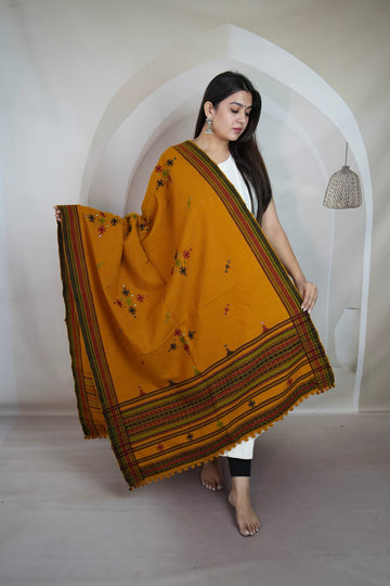 Mustard Chomakh Handwoven Bhujodi Woolen Shawl