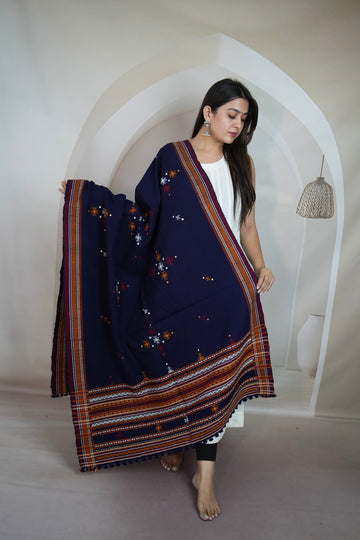 Navy Blue Chomakh Handwoven Bhujodi Woolen Shawl