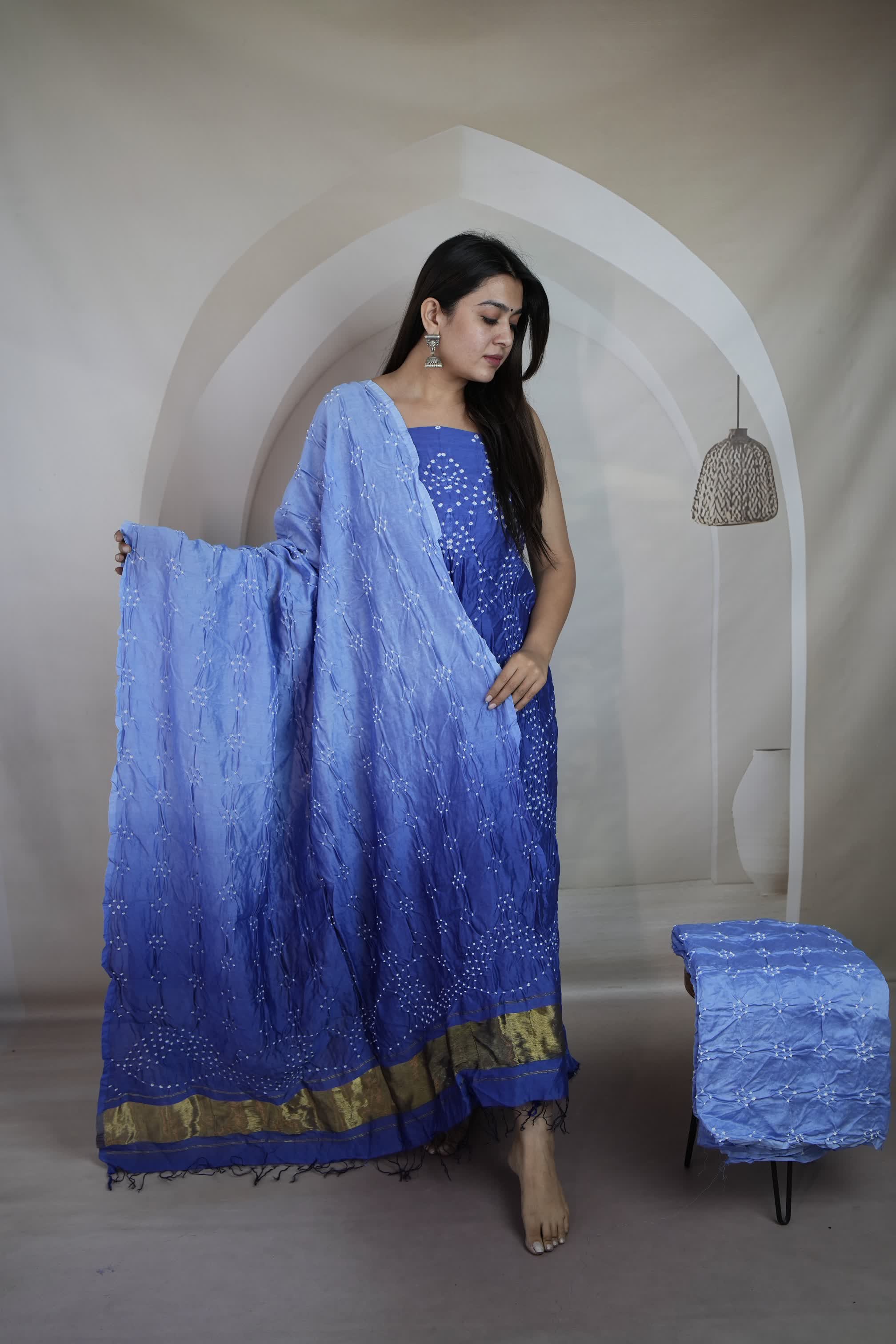Blue Rai Bandhej Chanderi Silk Premium Suit Material