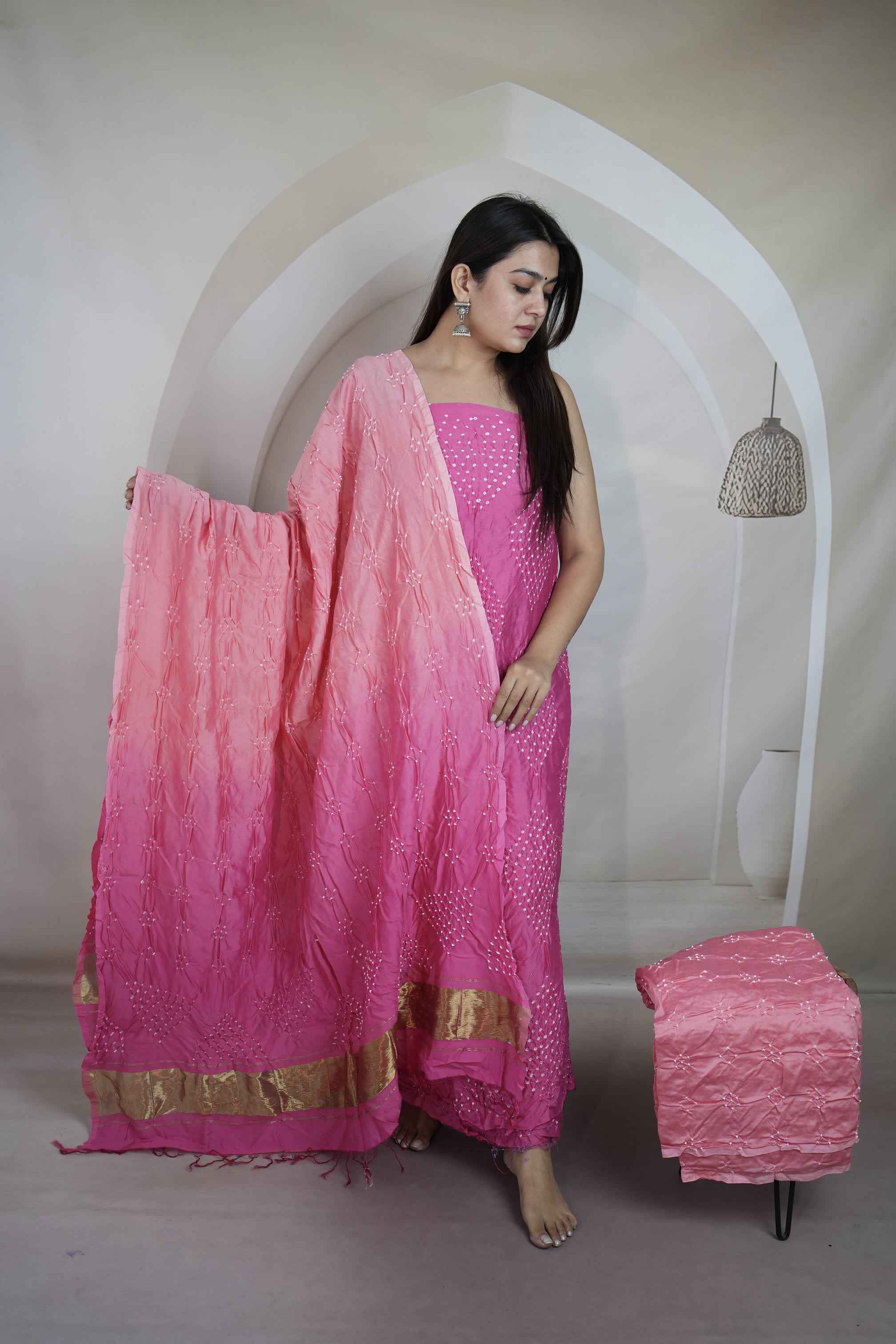 Peach Rai Bandhej Chanderi Silk Premium Suit Material